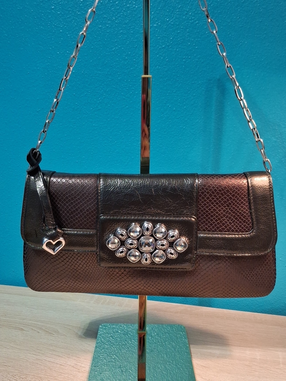 Brighton Bronze Snake Embossed Studded Clutch with Heart Charm